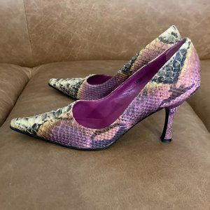 Max de Carlo Leather Snakeskin Pumps, Size 7.5, Multi Color With Pink